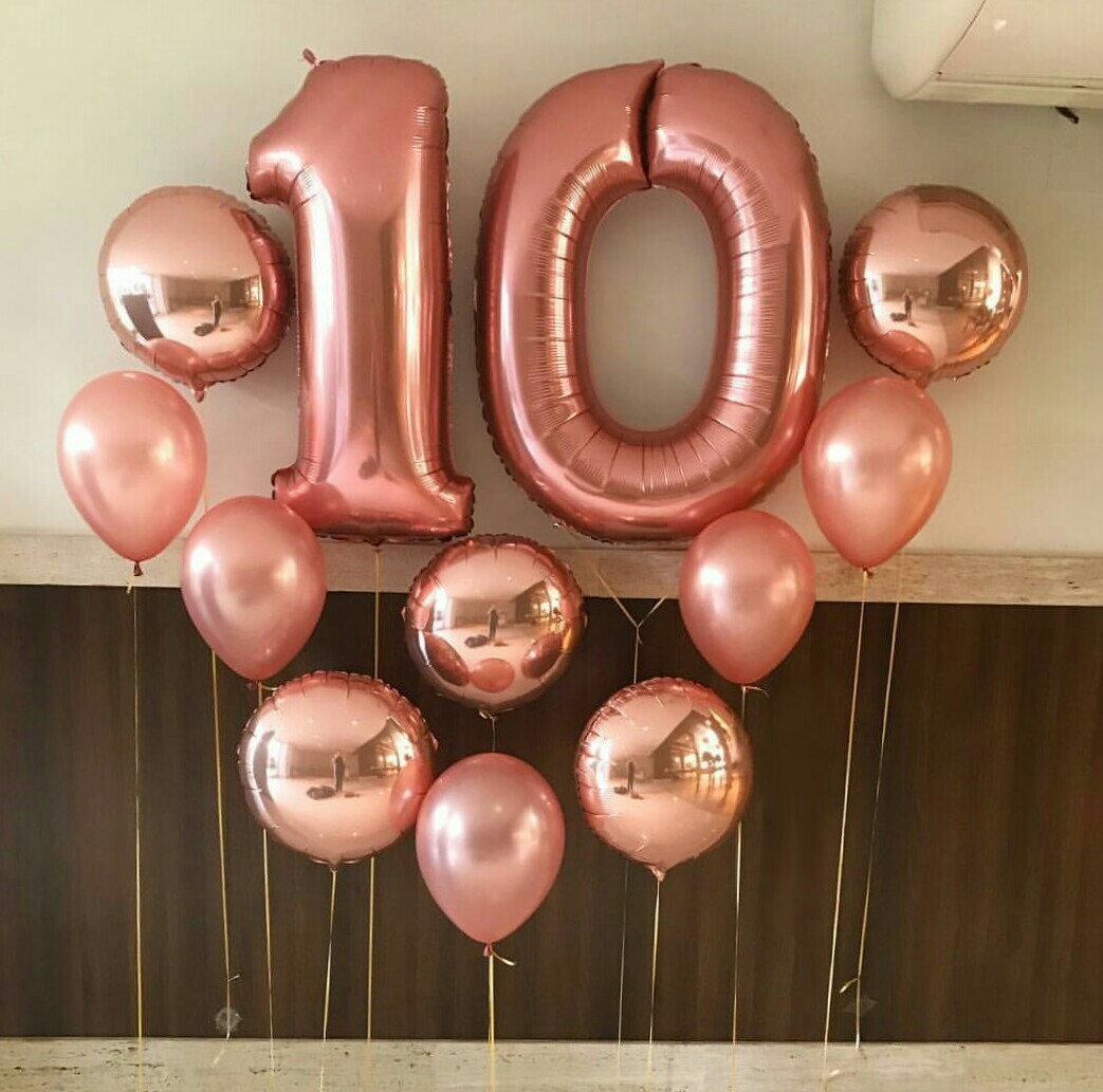 Гелий на 10 шаров. Шары розовое золото. Шары с днем рождения. Воздушные шары 10 лет. Шары на юбилей розовое золо.