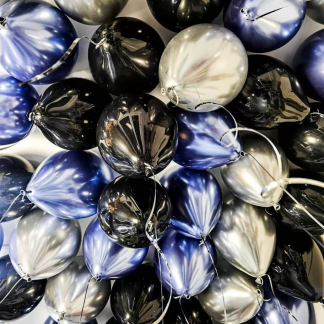 35 шаров с гелием (серебро, черный и синий)